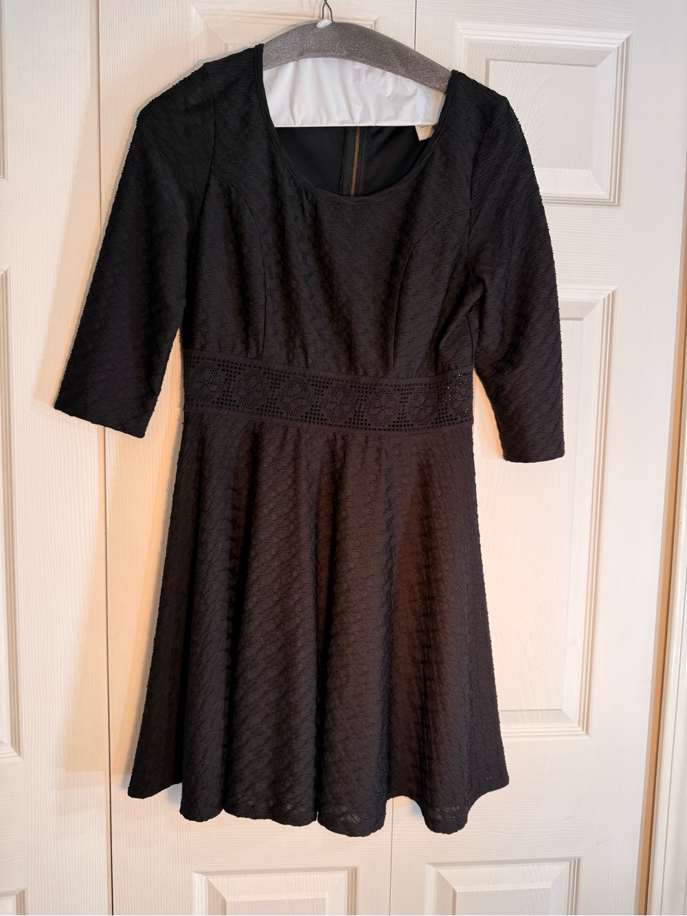 American Rag Black Textured Fit & Flare Dress with Lace Waistband